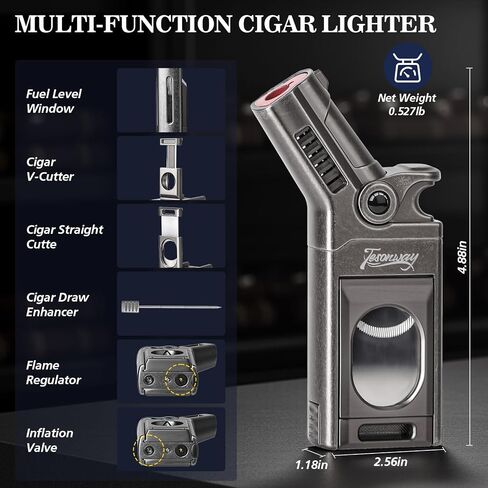 Tesonway Torch Lighter with Windproof Single Jet Flame, Straight & V Cutters, Cigar Draw Enhancer, Refillable Butane Torch Lighter, Gift for Cigar Lovers (Butane Not Included) in Kuwait