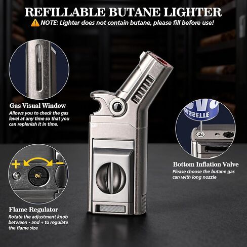 Tesonway Torch Lighter with Windproof Single Jet Flame, Straight & V Cutters, Cigar Draw Enhancer, Refillable Butane Torch Lighter, Gift for Cigar Lovers (Butane Not Included) in Kuwait