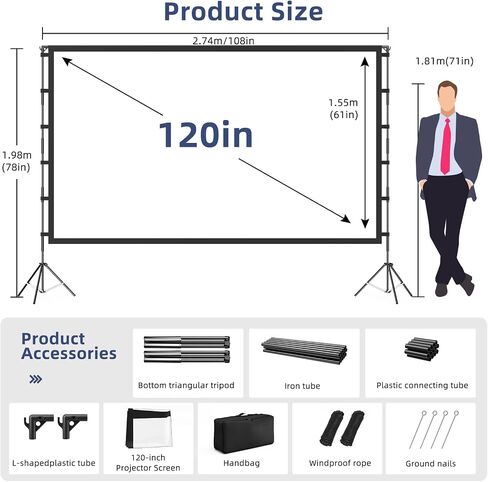 120 Inch Projector Screen with Stand, 16:9 4K HD Portable Projector Screen, Indoor Outdoor Front/Rear with Carry Bag for Home Theater Backyard Camping Movie Night in Kuwait
