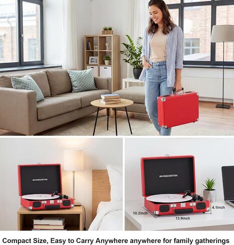 Cherry Red Bluetooth Suitcase Record Player, 3-Speed Turntable in Kuwait