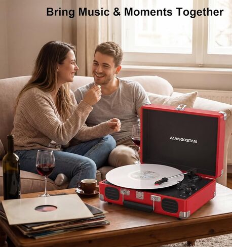 Cherry Red Bluetooth Suitcase Record Player, 3-Speed Turntable in Kuwait