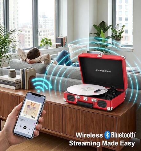 Cherry Red Bluetooth Suitcase Record Player, 3-Speed Turntable in Kuwait