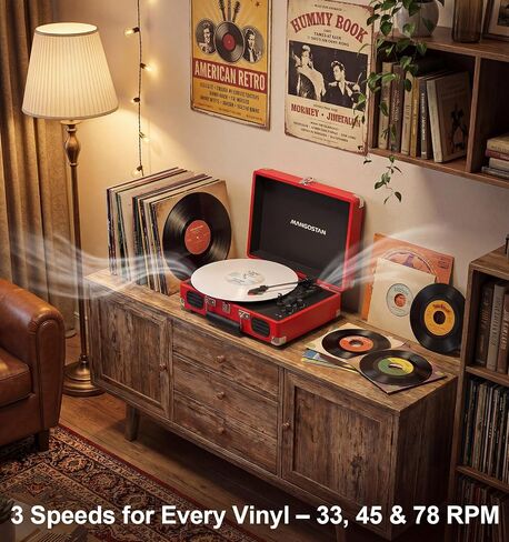 Cherry Red Bluetooth Suitcase Record Player, 3-Speed Turntable in Kuwait