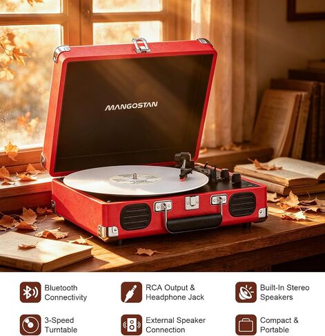 Cherry Red Bluetooth Suitcase Record Player, 3-Speed Turntable in Kuwait