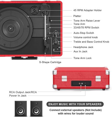 Cherry Red Bluetooth Suitcase Record Player, 3-Speed Turntable in Kuwait