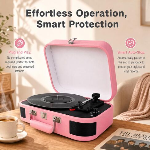 Vintage Suitcase Record Player - 3-Speed Portable Bluetooth Turntable with Built-in Speakers, for 7/10/12" Vinyl Records (Pink) in Kuwait