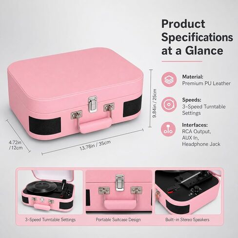 Vintage Suitcase Record Player - 3-Speed Portable Bluetooth Turntable with Built-in Speakers, for 7/10/12" Vinyl Records (Pink) in Kuwait