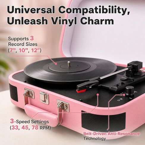 Vintage Suitcase Record Player - 3-Speed Portable Bluetooth Turntable with Built-in Speakers, for 7/10/12" Vinyl Records (Pink) in Kuwait