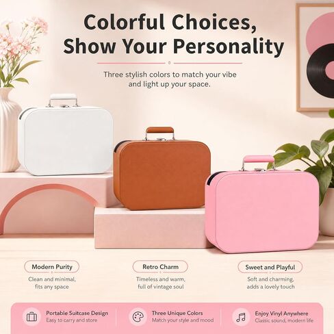 Vintage Suitcase Record Player - 3-Speed Portable Bluetooth Turntable with Built-in Speakers, for 7/10/12" Vinyl Records (Pink) in Kuwait