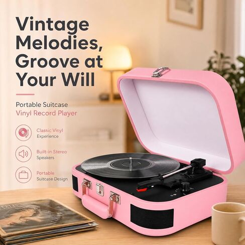 Vintage Suitcase Record Player - 3-Speed Portable Bluetooth Turntable with Built-in Speakers, for 7/10/12" Vinyl Records (Pink) in Kuwait