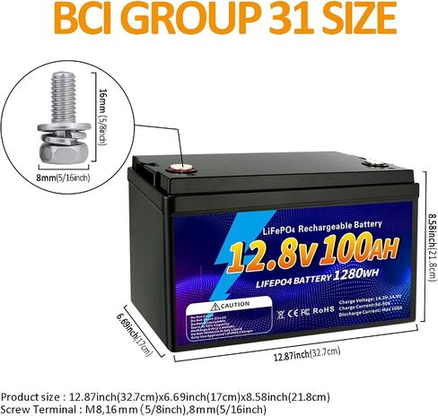 12V 100Ah LiFePO4 Battery, Group 31 Lithium Iron Phosphate Battery, 100A BMS Low-temp Protection 15000 Deep Cycles for Home Energy, RV, Solar System, Fishing Boat in Kuwait