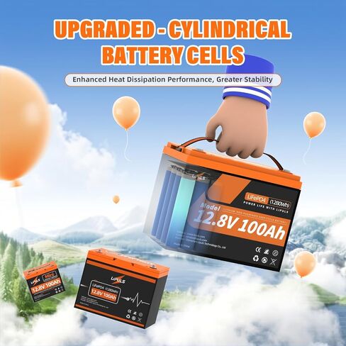 12.8V 100Ah LiFePO4 Lithium Battery, Group 24 Lithium Battery Built-in 100A BMS and Grade A Cells, 15000 Cycles, Max.1280Wh Energy, Perfect for Trolling Motor, RV, Camping, Solar System in Kuwait