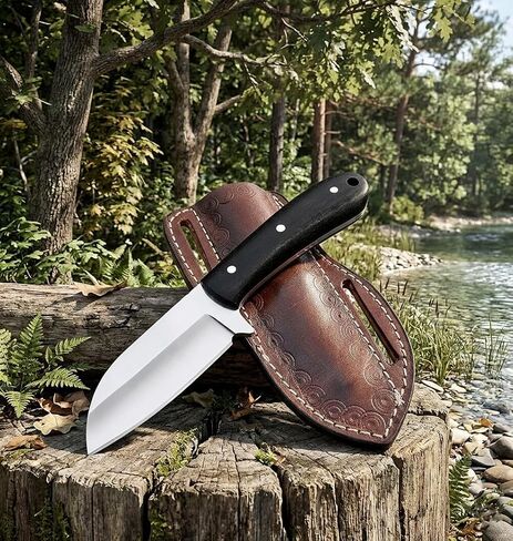7.5" Hunting Knife - D2 Steel Fixed Blade with 3.5" Razor Sharp Edge - Ergonomic Micarta Handle - Genuine Handcrafted Cowhide Leather Sheath - Compact Bushcraft, Survival & Skinning Tool in Kuwait
