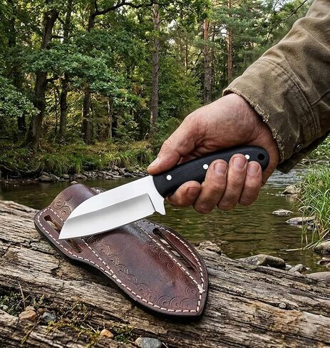 7.5" Hunting Knife - D2 Steel Fixed Blade with 3.5" Razor Sharp Edge - Ergonomic Micarta Handle - Genuine Handcrafted Cowhide Leather Sheath - Compact Bushcraft, Survival & Skinning Tool in Kuwait