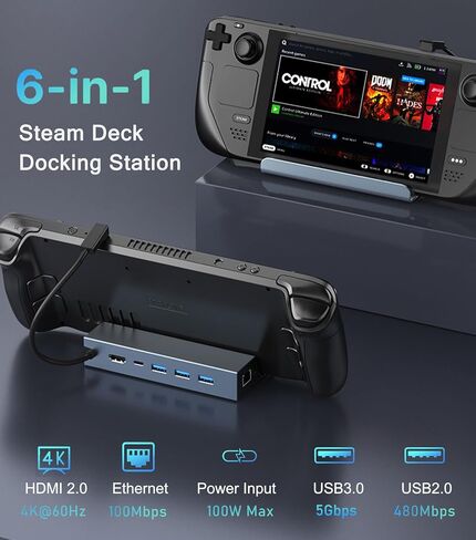 Steam Deck Dock, Docking Station for Steam Deck/ROG Ally/Legion Go/MSI Claw/Nitro Deck/Steam Deck OLED, 6-in-1 USB C Dock with HDMI 4K UHD, 100Mbps RJ45 Ethernet, USB 3.0 and PD 100W Charging in Kuwait