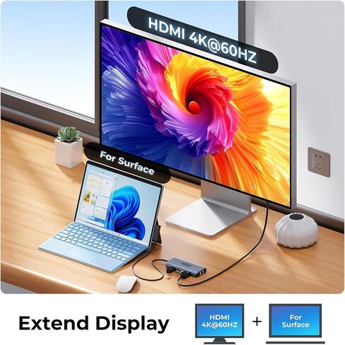 Surface Docking Station 4K HDMI Display, 10-in-1 Surface Pro Dock with Power Supply for Microsoft Surface Pro 12/11/10/9/8/7/6/5/4/3, Surface Laptop 7/6/5/4, Surface Go/Book/Laptop Go in Kuwait