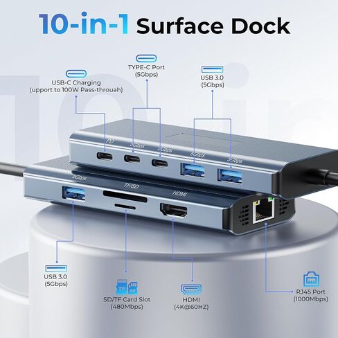 Surface Docking Station 4K HDMI Display, 10-in-1 Surface Pro Dock with Power Supply for Microsoft Surface Pro 12/11/10/9/8/7/6/5/4/3, Surface Laptop 7/6/5/4, Surface Go/Book/Laptop Go in Kuwait