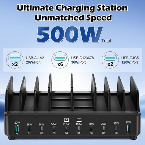 500W Charging Station for Multiple Devices, 10-Port USB C Fast Charger Stations,Dual USB-C 120W and 8 Ports Fast Charging Multi-Device Organizer Charging Dock Hub for Laptop Phone Tablet in Kuwait
