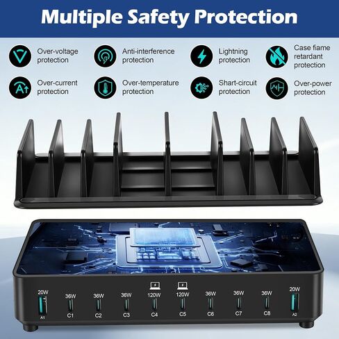 500W Charging Station for Multiple Devices, 10-Port USB C Fast Charger Stations,Dual USB-C 120W and 8 Ports Fast Charging Multi-Device Organizer Charging Dock Hub for Laptop Phone Tablet in Kuwait
