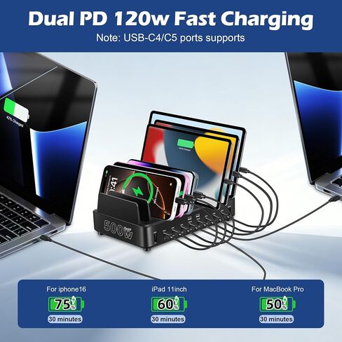 500W Charging Station for Multiple Devices, 10-Port USB C Fast Charger Stations,Dual USB-C 120W and 8 Ports Fast Charging Multi-Device Organizer Charging Dock Hub for Laptop Phone Tablet in Kuwait