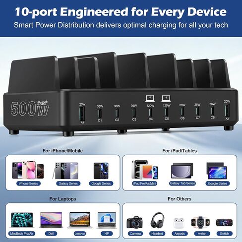 500W Charging Station for Multiple Devices, 10-Port USB C Fast Charger Stations,Dual USB-C 120W and 8 Ports Fast Charging Multi-Device Organizer Charging Dock Hub for Laptop Phone Tablet in Kuwait