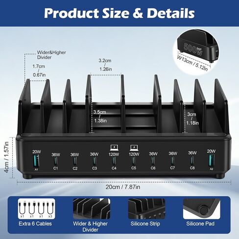 500W Charging Station for Multiple Devices, 10-Port USB C Fast Charger Stations,Dual USB-C 120W and 8 Ports Fast Charging Multi-Device Organizer Charging Dock Hub for Laptop Phone Tablet in Kuwait