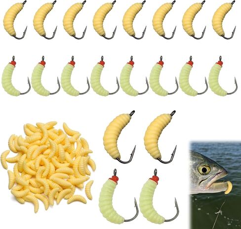 50PCS Bluegill Hooks Fishing Worms – 30PCS 22mm Soft Rubber Worms & 20PCS Maggot Bait for Bass, Panfish, and Trout, Bluegill Lures for Freshwater Fishing with Natural Nlbn Action in Kuwait