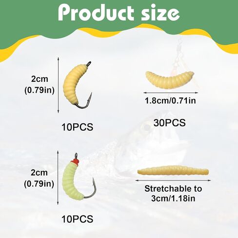 50PCS Bluegill Hooks Fishing Worms – 30PCS 22mm Soft Rubber Worms & 20PCS Maggot Bait for Bass, Panfish, and Trout, Bluegill Lures for Freshwater Fishing with Natural Nlbn Action in Kuwait