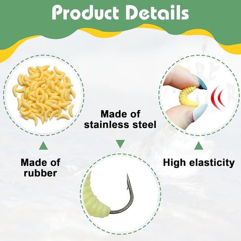 50PCS Bluegill Hooks Fishing Worms – 30PCS 22mm Soft Rubber Worms & 20PCS Maggot Bait for Bass, Panfish, and Trout, Bluegill Lures for Freshwater Fishing with Natural Nlbn Action in Kuwait