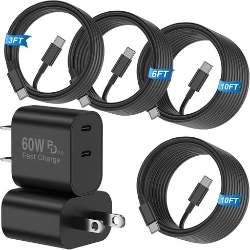 2 حزمة شاحن PD 3.0 فائق السرعة USB C مزدوج المنافذ (إجمالي الإخراج 60 وات) مع 4 حزم 60 وات [3FT+6FT+10FT+10FT] كابل USB C إلى USB C لهاتف Galaxy S26/S25/S24، لهاتف iPhone 17/16/15، لأجهزة iPad والمزيد in Kuwait