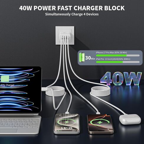 Apple iPhone Charger Fast Charging,3Pack Long 6FT Type C to USB C Cable Cord 4 Port 40W USB C Charging Block Apple Charger Quick Charging for iPhone 17 Air/17 16 15 Pro Max/16e/16 Plus/15/15 Pro/iPad in Kuwait