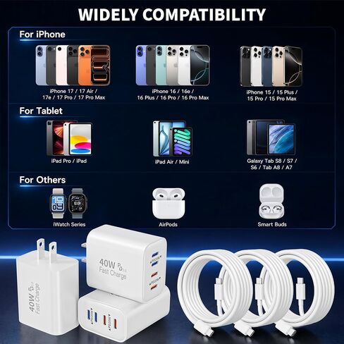 Apple iPhone Charger Fast Charging,3Pack Long 6FT Type C to USB C Cable Cord 4 Port 40W USB C Charging Block Apple Charger Quick Charging for iPhone 17 Air/17 16 15 Pro Max/16e/16 Plus/15/15 Pro/iPad in Kuwait