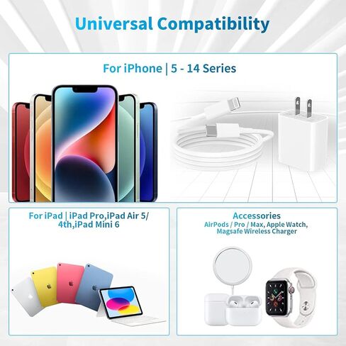 iPhone Charger Fast Charging, Fast Charger 3Pack Type C Fast Charger Block Plug Adapter with 6FT Type-C to Lightning Cable Compatible With iPhone14/13/13 Pro/12 Pro/12 Pro Max/11/Xs Max/XR/X/SE, iPad in Kuwait
