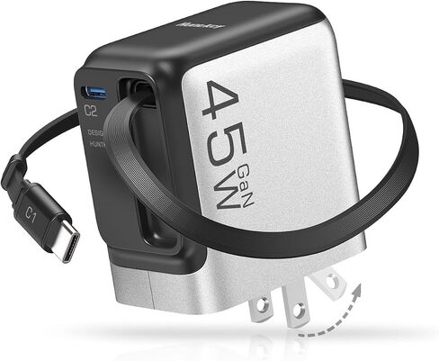 Retractable Charger, 45W USB-C Charger, GaN Fast Charger with 2.26ft Retractable Cable for iPhone 17/16/15/14/13 Series, Galaxy S26/S25/24 Ultra, Pixel, iPad, Space Silver in Saudi Arabia