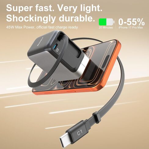 Retractable Charger, 45W USB-C Charger, GaN Fast Charger with 2.26ft Retractable Cable for iPhone 17/16/15/14/13 Series, Galaxy S26/S25/24 Ultra, Pixel, iPad, Space Silver in Saudi Arabia
