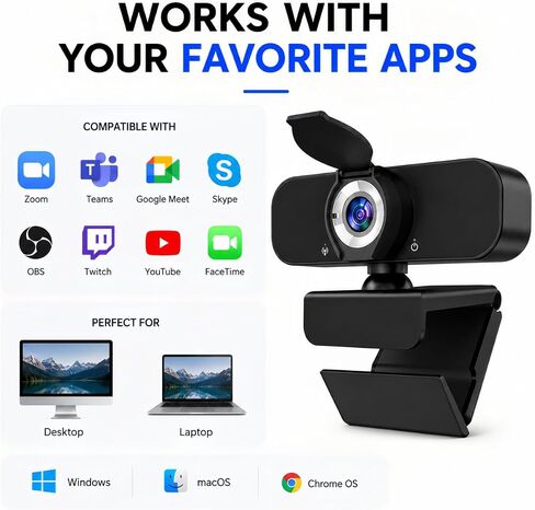 Webcam for Computer, USB Plug&Play, Auto Low Light Correction, Privacy Cover, Tripod, Wide Angle for Meeting/Online Video/Zoom, Web Cam with Microphone (1080p) in Kuwait