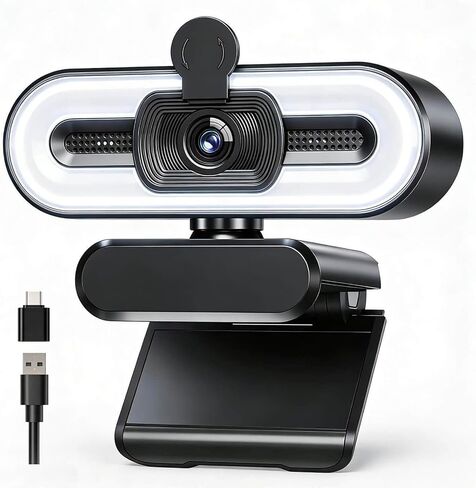 4K Webcam with Fill Light, Computer Camera with Privacy Cover & Noise-Reducing Microphone, Webcam for PC/Laptop/Mac/Monitor, USB-A to USB-C Adapter Included, Adjustable Brightness, Plug & Play in Kuwait