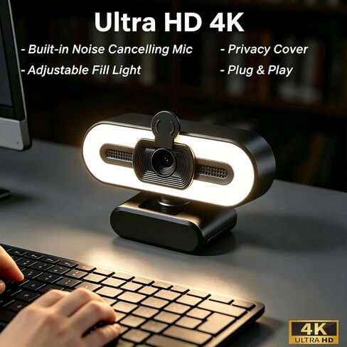 4K Webcam with Fill Light, Computer Camera with Privacy Cover & Noise-Reducing Microphone, Webcam for PC/Laptop/Mac/Monitor, USB-A to USB-C Adapter Included, Adjustable Brightness, Plug & Play in Kuwait