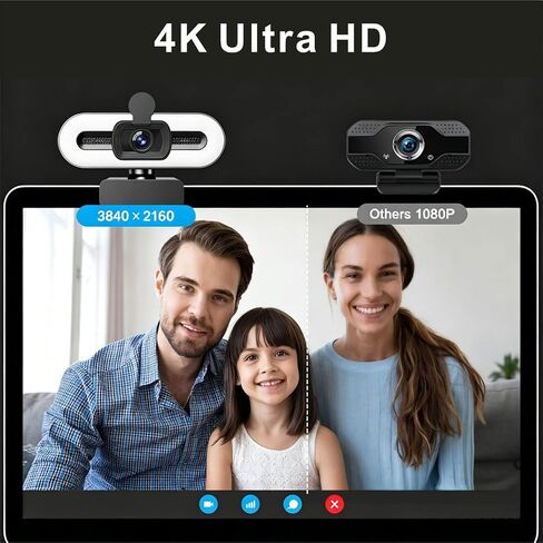 4K Webcam with Fill Light, Computer Camera with Privacy Cover & Noise-Reducing Microphone, Webcam for PC/Laptop/Mac/Monitor, USB-A to USB-C Adapter Included, Adjustable Brightness, Plug & Play in Kuwait