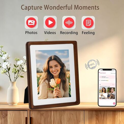 SNAPSHOT Smart Picture Frame, 5x7 Wireless Wood NFC Photo Frame, Tabletop&Wall-Mounted, Share Photos/Videos/Recording from Phone to Webpage for Party/Travel/Home & Gifts, Compatible iPhone/Android in Kuwait