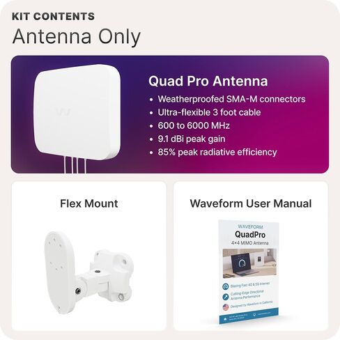 Waveform 10’ Cable + QuadPro Antenna - 4x4 MIMO Panel Antenna for 4G/5G Routers & Gateways for T-Mobile Home Internet, Verizon, AT&T with 10’ SMA Cable - Outdoor Rated in Kuwait