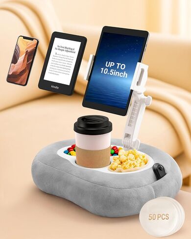 Tablet & Kindle Pillow Stand for Bed, Adjustable iPad Holder for Couch and Lap with 2 Snack Bowls, Cup Holder, 50 Disposable Liners and Washable Cover, Pink in Kuwait
