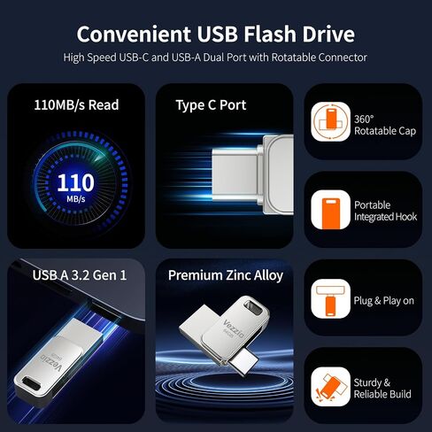 Vezzio 64GB USB C Flash Drive, USB 3.2 Gen1 up to 110MB/S,Dual Port in Kuwait
