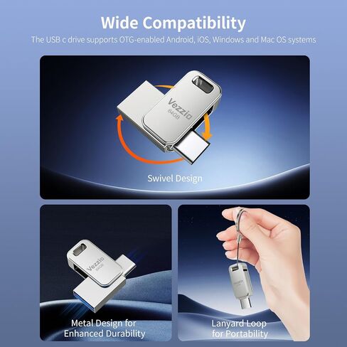 Vezzio 64GB USB C Flash Drive, USB 3.2 Gen1 up to 110MB/S,Dual Port in Kuwait