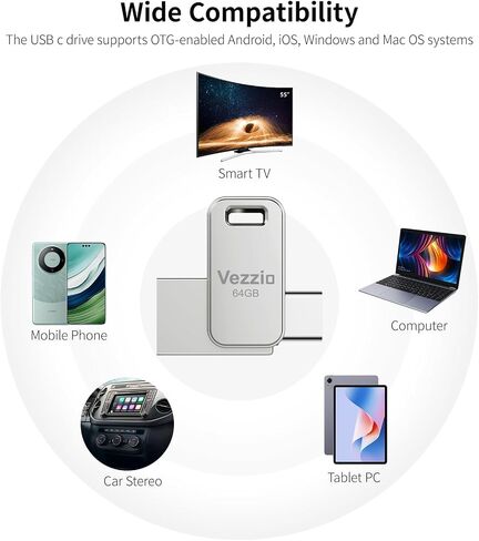 Vezzio 64GB USB C Flash Drive, USB 3.2 Gen1 up to 110MB/S,Dual Port in Kuwait