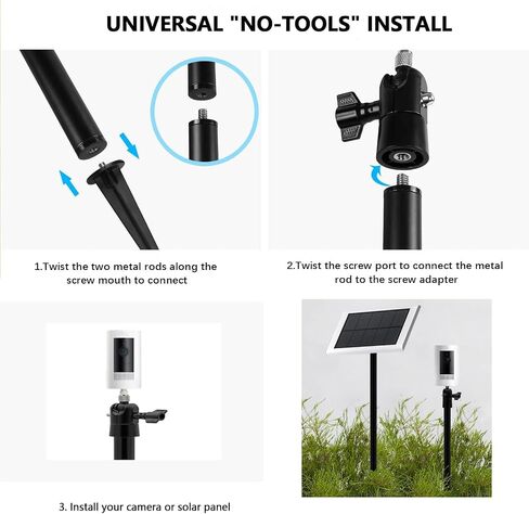 Adjustable Ground Stake Mount for Security Cameras & Solar Panels (16-48"), Heavy Duty Lawn Pole Stand Compatible with Ring, Nest, Eufy, 360° Swivel Base (Black) (Black) (16-48") in Kuwait