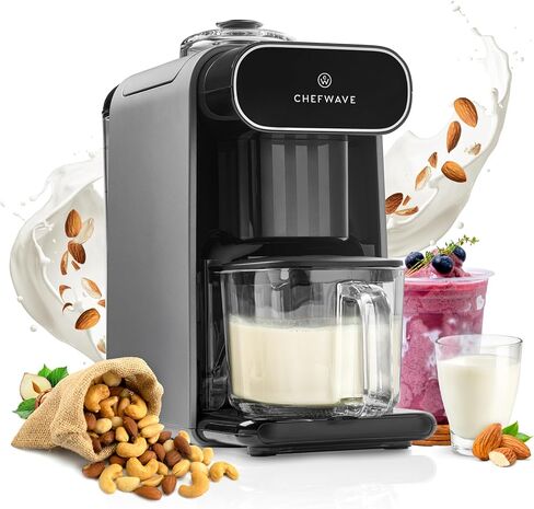 ChefWave Milkmade Soy Milk Maker 6-in-1 Vegan Plant-Based Milk Machine with Auto Clean, and Delay Start, Almond, Oat, Soy, Cashew, Coconut, Macadamia Milk Maker with Nut Platter (Silver/Black) in Saudi Arabia