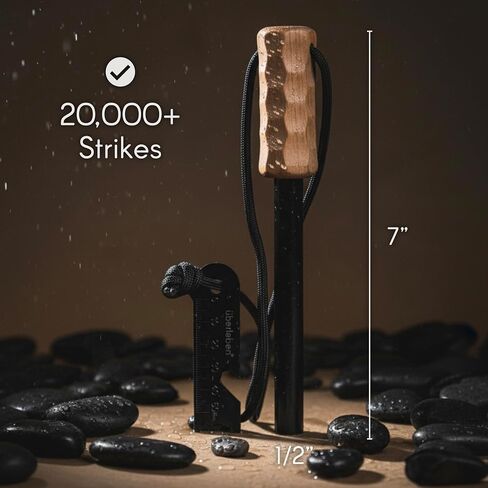 Überleben Kräftig Grip Ferro Rod Fire Starter for Survival w/Multi-Tool Fire Striker - 1/2" Thick Fire Steel, 20,000 Strikes - Waterproof Flint and Steel Camping Fire Starter w/Wood Handle, Lanyard in Kuwait