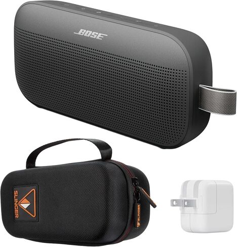 Bose SoundLink Flex Portable Bluetooth Speaker (2nd Gen), Outdoor Speaker with Hi-Fi Audio, Up to 12 Hours Battery, Waterproof and Dustproof, + Slinger Hard Travel Case & USB Plug (Black) in Kuwait