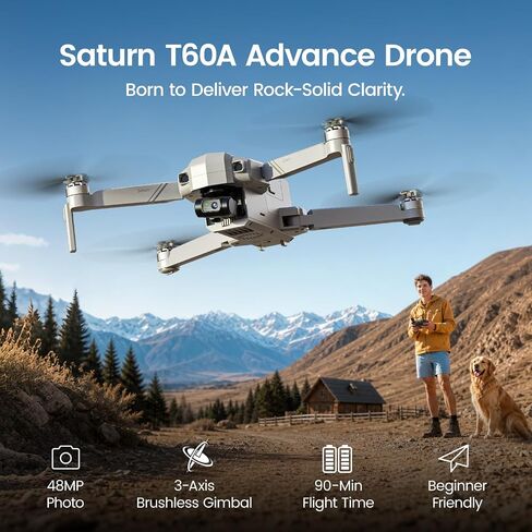 Holy Stone Saturn T60A 3-Axis Gimbal Drone with Camera for Adults, 8K Photos & 4K HDR Video, 90-Min Flight Time, 10KM Transmission, AI Smart Follow, Night Vision, Weightless Shuttle, Smart RTH in Saudi Arabia